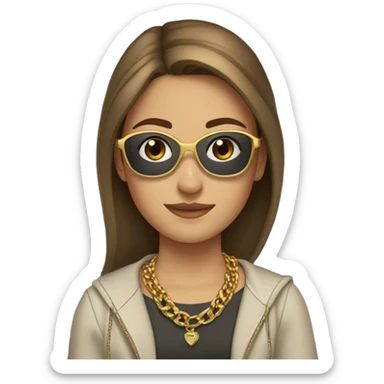 Teen Caucasian girl sitting on couch with brown hair sunglasses and gold necklace  sticker