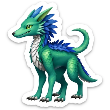 Cute cool fantasy animal hybrid Sergal-Digimon-Fakemon full body, green scales, brown eyes, blue feathers sticker