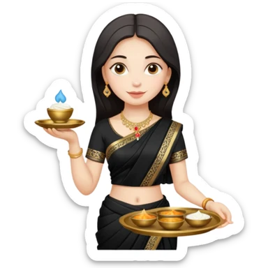 Russian girl in Indian black saree with full image from head to leg and holding a cream colour small tray in her both hands sticker