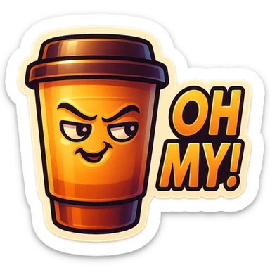 Tall coffee cup, mischievous smirk, looking sideways, big "Oh My!" sticker