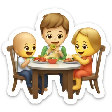 A baby in the kids chair and his parents are eating helsi food  by the table  sticker