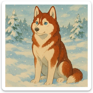 red siberian husky with blue eyes sitting in the snow sticker