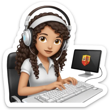 Spanish girl with long dark curly hair, wearing a white gaming headset and playing on keyboard with a gaming mouse in one hand sticker