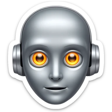 friendly AI face with glowing eyes, metallic texture, slight smile, futuristic and a little spooky sticker