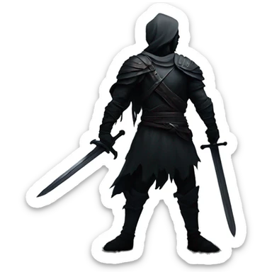 Dark, moody artwork of a lone warrior with a large sword on his back, standing in a shadowy, mysterious setting. sticker