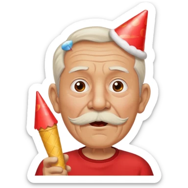old man with red shirt and birthday cone, party horn on his mouth sticker