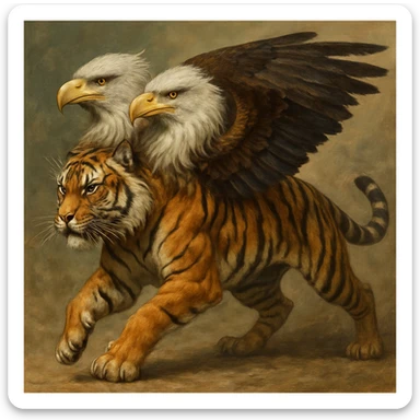 A chimera combining a tiger and a two-headed eagle, with the body of a tiger and two eagle heads, blending feathers and fur, dynamic pose, fantasy style. sticker