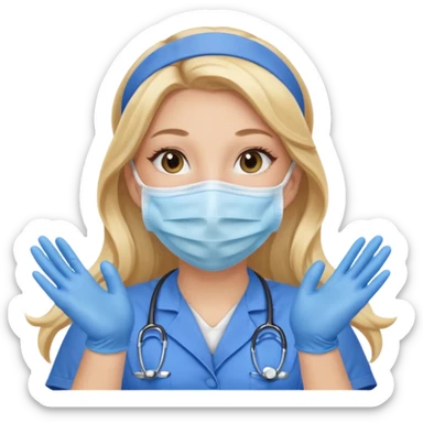 enfermera rubia con pelo largo, con mascarilla y guantes azules que aperezcan las dos manos, como las primeras imagenes que enviaste sticker