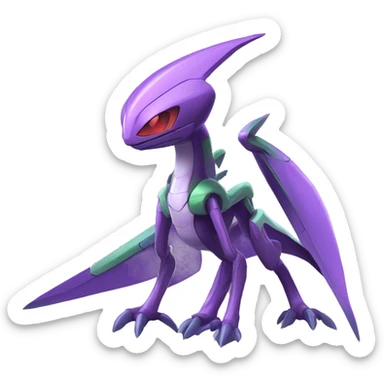 a shiny purple Genesect-Flygon-Raptor-Fakémon—hybrid with a futuristic visor-helmet full body sticker