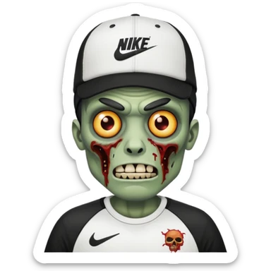 A zombie wearing a white Nike shirt, a black Nike cap, sticker