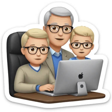 Middle aged man with glasses working at his desk, with his child sitting behind him on the head rest of his chair looking at his computer sticker
