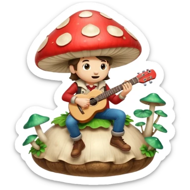 mushroom bard character playing tiny guitar on giant mushroom sticker