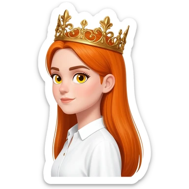White girl with orange long straight hair and yellow eyes with a crown on her head and a white shirt on brown eyebrows and her hair to the side not on her forehead sticker
