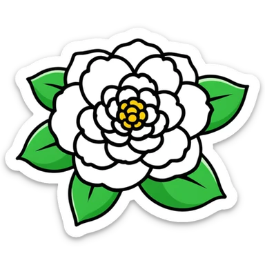 Elegant white camellia flower with symmetrical petals and rich green foliage sticker