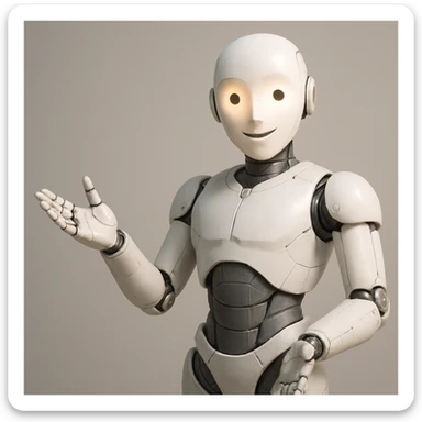 personified AI as white metal humanoid robot, articulated joints, softly illuminated face, welcoming posture sticker