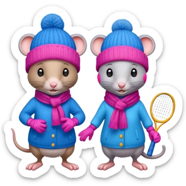 Male and female rat playing tennis in winter with gloves hats and scarves but one wearing blue the other wearing pink and it is snowing and they are wearing woolly hats sticker