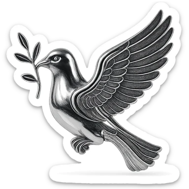metallic chrome pigeon, peaceful, flying in profile with a branch in its beak, radiant and polished sticker