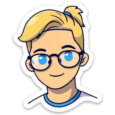 Man with blonde ponytail, round glasses and blue eye sticker