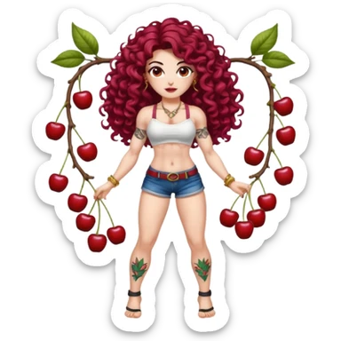 full body woman long curly brown hair brown eyes white skin tattoos muscular build cherry twin fruit hair ornaments, flirty battle pose sticker