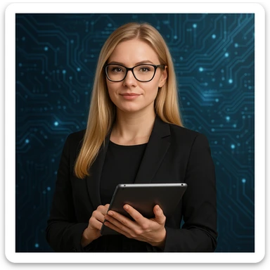 blonde girl in glasses, holding a tablet, IT professional, confident, tech background sticker