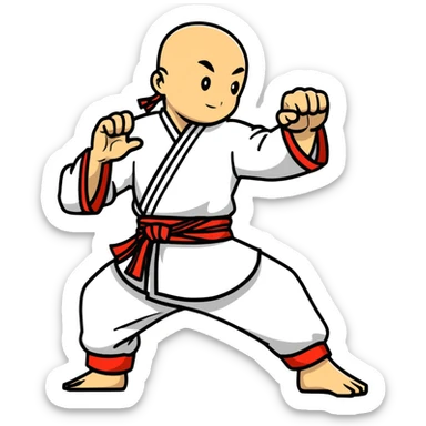 Martial artist in dynamic kung fu pose, wearing traditional loose outfit with sash sticker