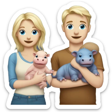 blonde girl with blue eyes holding tea in one hand and holding hands with brunette boy with blue eyes holding a baby hippo in his other arm sticker