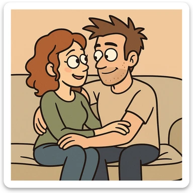 cartoon style illustration of a couple sitting close together, looking into each other's eyes, affectionate and cozy sticker