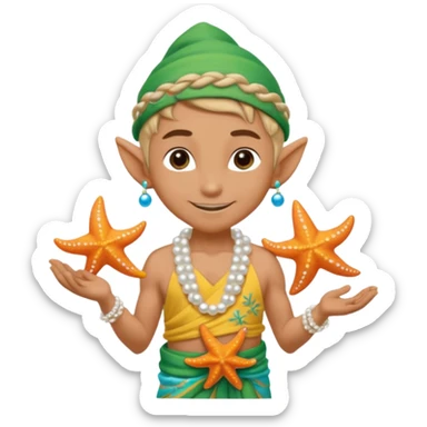 elf male Sarong with bioluminescent embroidery, armful of starfish, hair in a braid with pearl pins. sticker