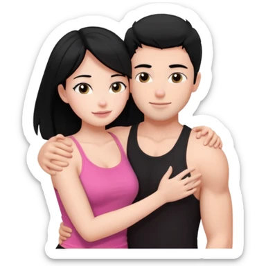 a pretty bratz fair girl. black hair, wearing a pink cami top, she is hugging a handsome fair guy with black hair. lean but muscular.the boy is wearing a black tshirt sticker