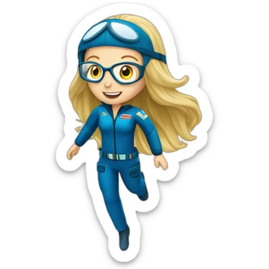 caucasian female skydiver with long blonde hair, glasses and parachute sticker