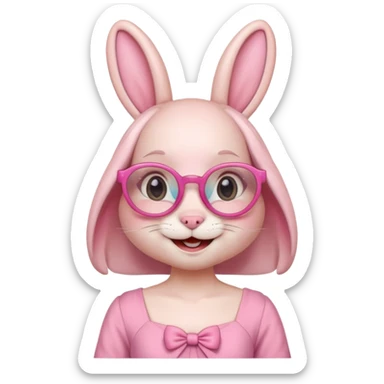 Pink bunny with big circular glasses, smiling, half body with dress sticker