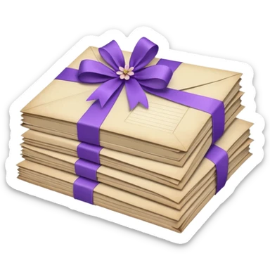 A beautifully arranged Stack of aged letters, tied with a purple ribbon, envelopes, corespondence, aesthetic, purple flower petals around, mails sticker
