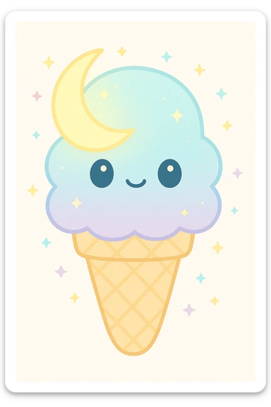 Add a cone with stars to the moonbeam ice cream, keep dreamy, glowing, whimsical, soft pastel colors, maintaining a gentle and magical atmosphere. sticker
