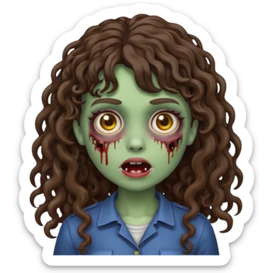 Emoji garota zombie com cabelo castanho escuro cacheado longo com franja cacheada sem volume sticker