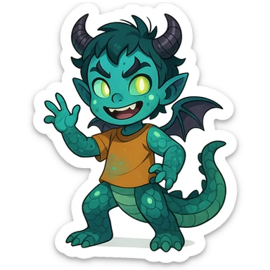 playful youthful child character blending 60% dragon features like scales, tail, small wings, 20% demon traits such as horns and mischievous eyes, and 20% alien elements including unusual skin color and glowing accents sticker