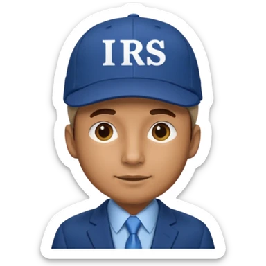 a man dressed in a blue suit with a cap on that says IRS sticker