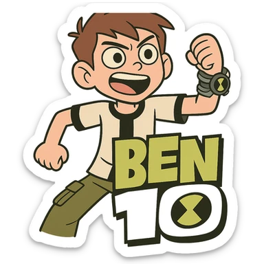Ben 10 logo, bold green and black, cartoon style, energetic, suitable for a kids' show sticker