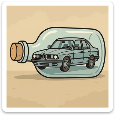 a BMW car inside a glass bottle, cartoon style sticker