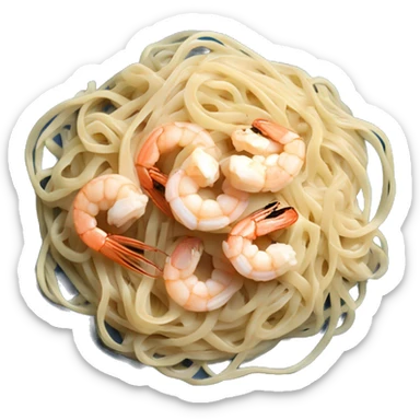 long thin linguine pasta noodles on a blue plate with white sauce and shrimp top down view sticker
