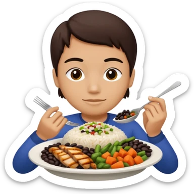 Create a person having lunch. Not a sandwich. Rice, beans, vegetables and chicken. sticker