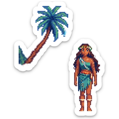 Moana standing on a beach in pixel art style, no background sticker