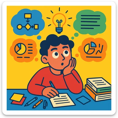 curious individual brainstorming ideas, surrounded by thought bubbles filled with sketches, notes, and abstract concepts, bright light bulb above their head symbolizing inspiration, cozy workspace with creative tools like pens, sticky notes, and books, bright style, 4:5 aspect ratio sticker