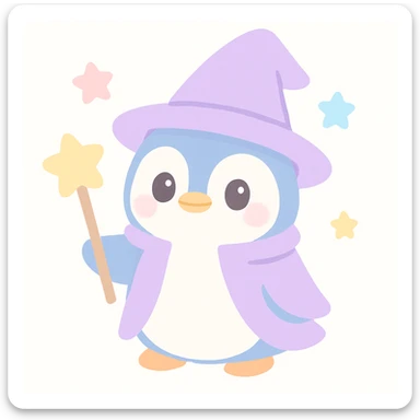 whimsical penguin dressed as a wizard, wearing a pointed hat and holding a magic staff, cute and magical style sticker