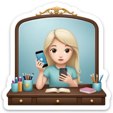 Girl sitting at vanity taking out picture with iphone 15 plus in the mirror and study materials on the vanity sticker