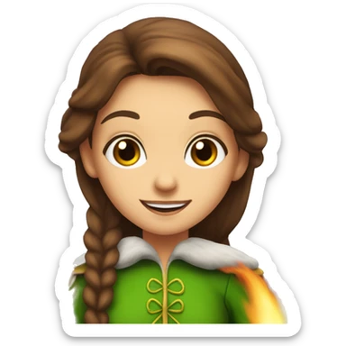 brunette haired girl with hazel eyes wearing elf costume on top of a fire jumping sticker