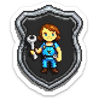 Shield-shaped badge with pixel art person holding car wrench key, colorful IT support design sticker
