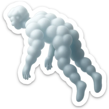 side view of unconscious person flying upwards by torso, legs and arms downwards, made of small very bright white fluffy convex clouds, matte glass style sticker