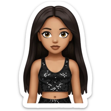 Aaliyah with long dark brown hair, black sequin crop top, black sequin pants sticker