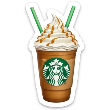 A 3D cartoon Starbucks Frappuccino cup with whipped cream and caramel drizzle, frosty texture, green straw, transparent cup with logo, soft cool lighting, Memoji-style. sticker