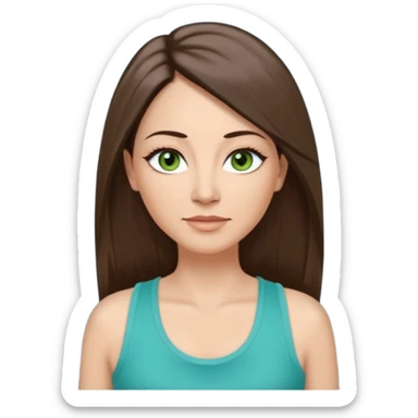 43 year old Adult woman avatar, light skin tone, long, oval face, long straight ashy brown hair, green almond-shaped eyes with dramatic eyelashes and minimal eyeliner, neutral mouth, medium straight eyebrows, small nose, smooth skin, sky blue tank top sticker